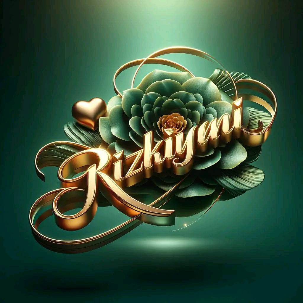 A stunning 3D visual of the name "RizkiYani" written in elegant golden typograph...