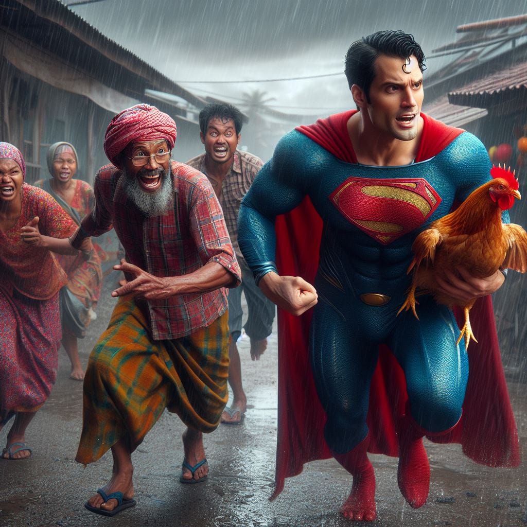 Foto nyata superhero Superman mencuri ayam di perkampungan ketahuan orang orang ...