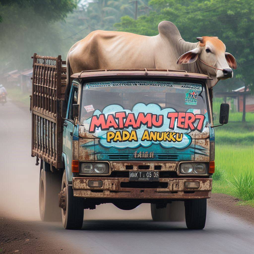 Matamu ter7 pada anu ku...
 truck moving backwards, truck carrying big cow, cow ...