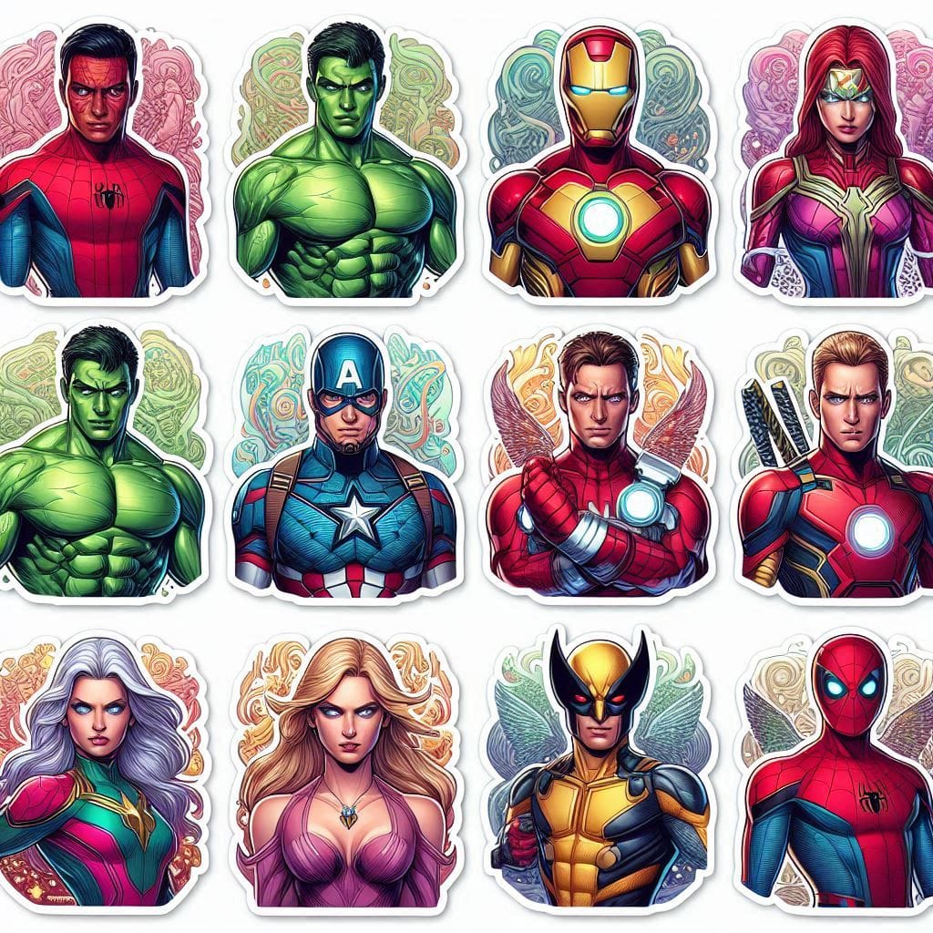 Prompt
 A collection of ten attractive stylish Marvel hero stickers. Each hero i...