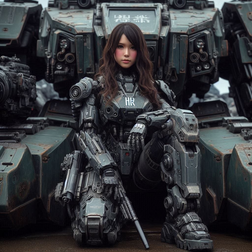 Prompt:
Japanese female commando sits on the shoulder of a massive combat mech, ...