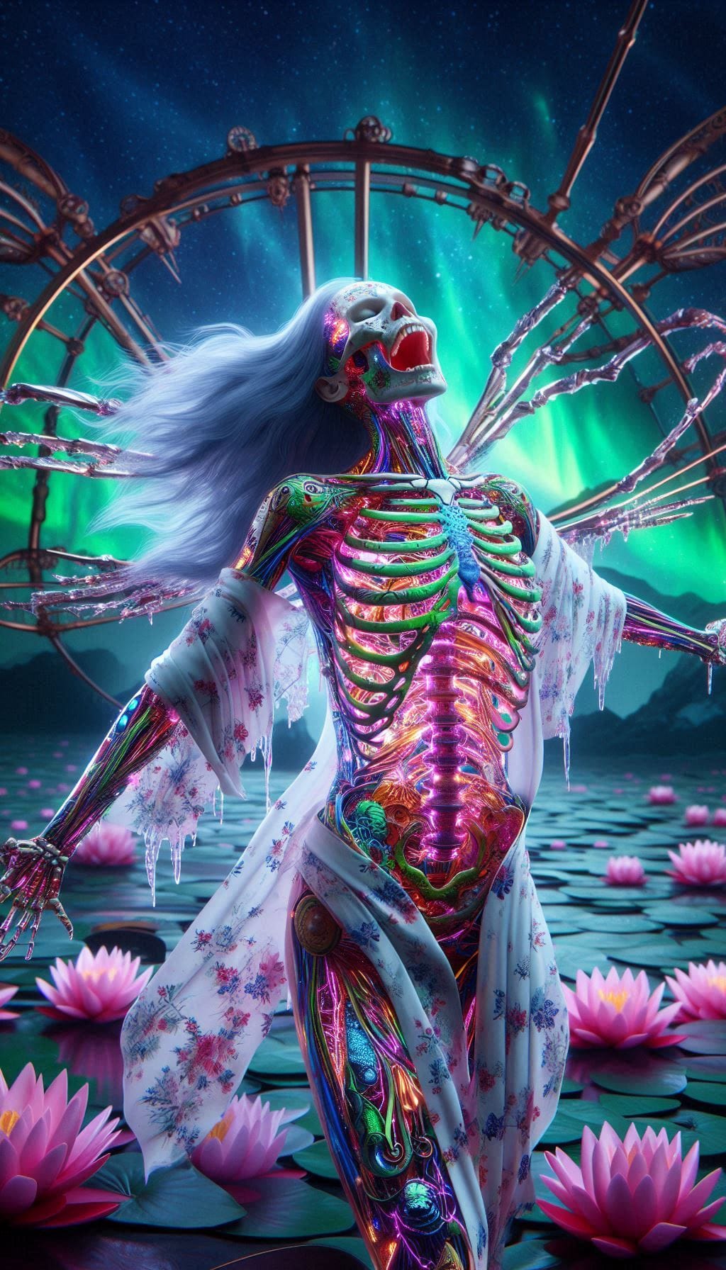 Prompt :
Open body section with colorful neon diamonds,nightmare scene,dripping ...