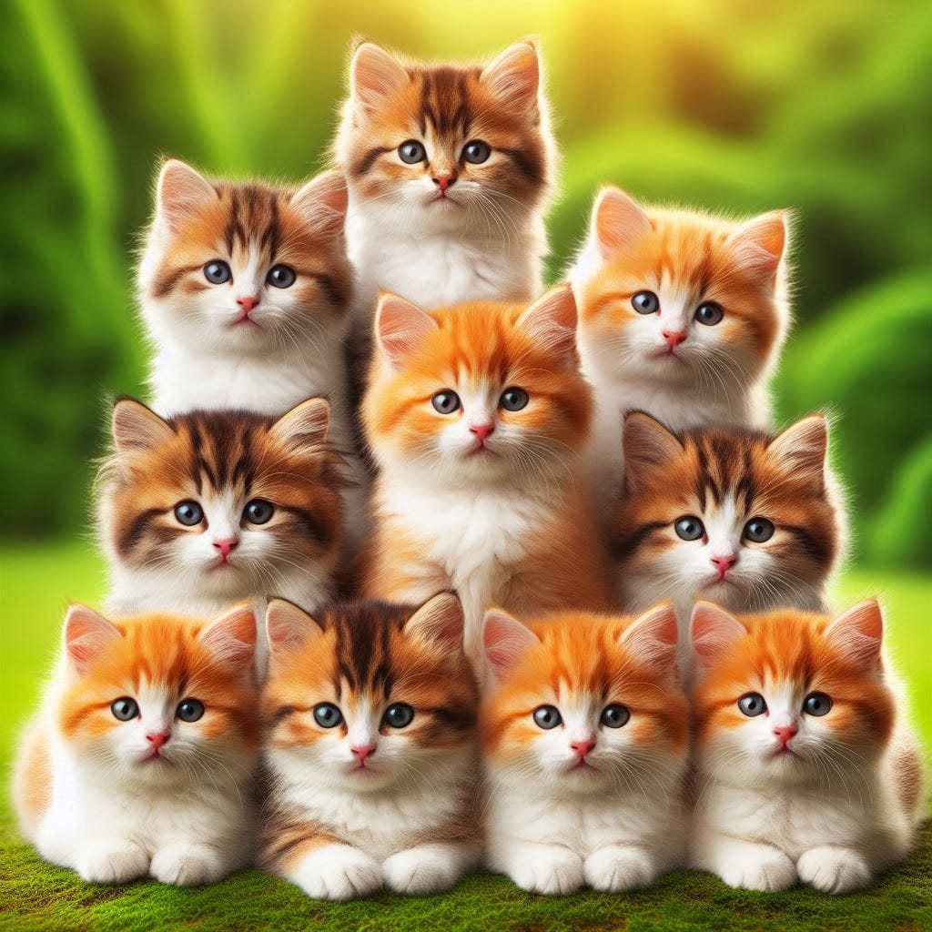 Prompt 

The image is of a group of nine kittens arranged in a pyramid-like form...