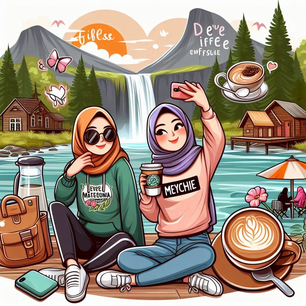 Prompt : wanita muslim+TEKS kaos : "MEYCHIE"+SELFIE+SUNGAI+AIR TERJUN+PEGANG KOP...