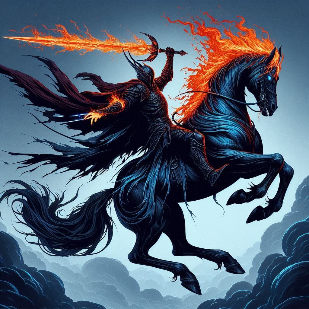 Promt : 
 a black horse whit a fiery rider on its back. The rider has a large sw...