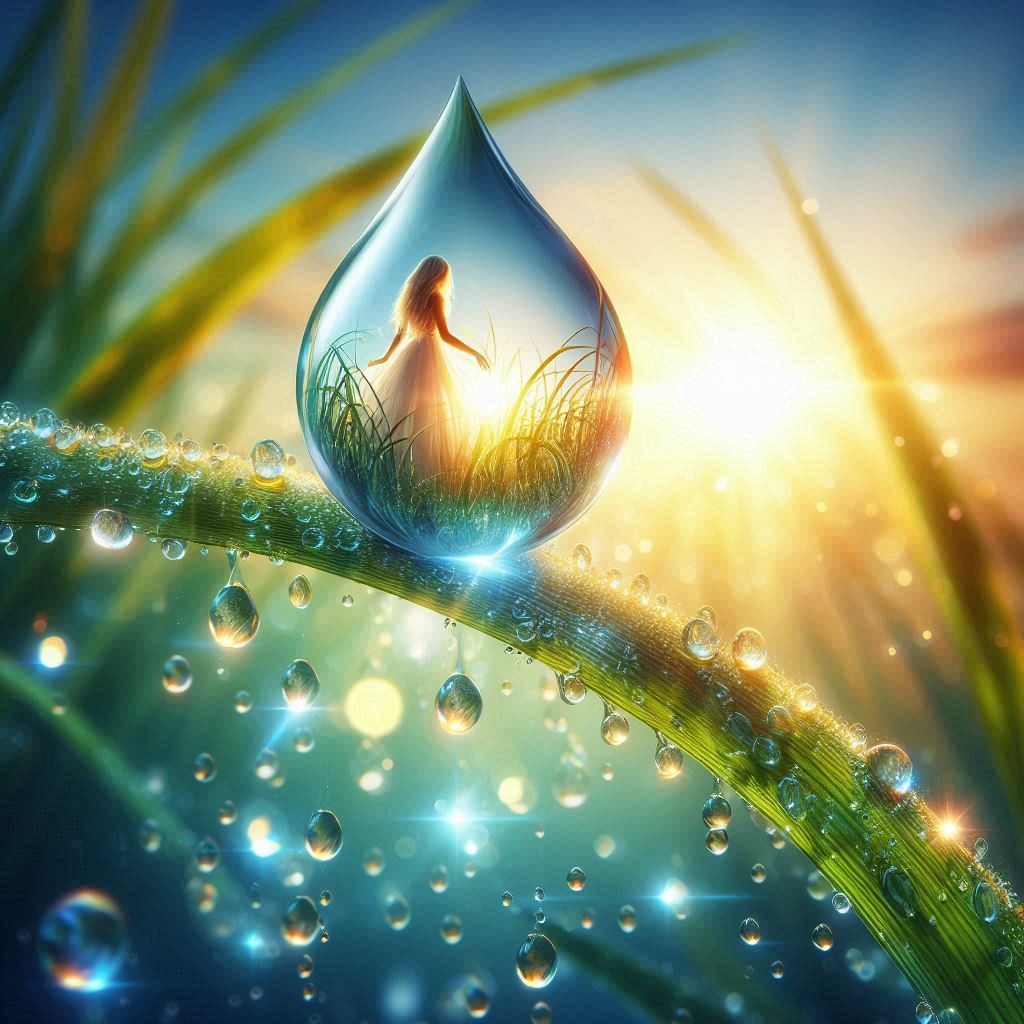 Stunning illustration of a dew drop on a blade of green grass, reflecting the br...