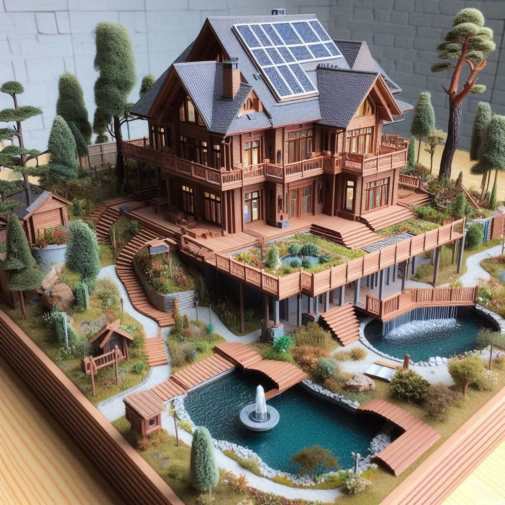 model miniatur rumah kayu dua lantai yang sangat detail, dikelilingi oleh lanska...