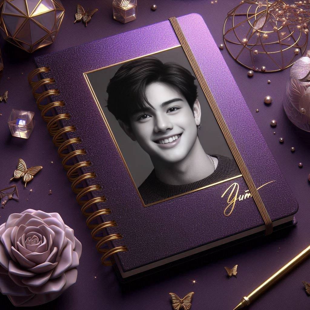 open spiral notebook with a realistic image of a beautiful thai 20-year-old boy ...