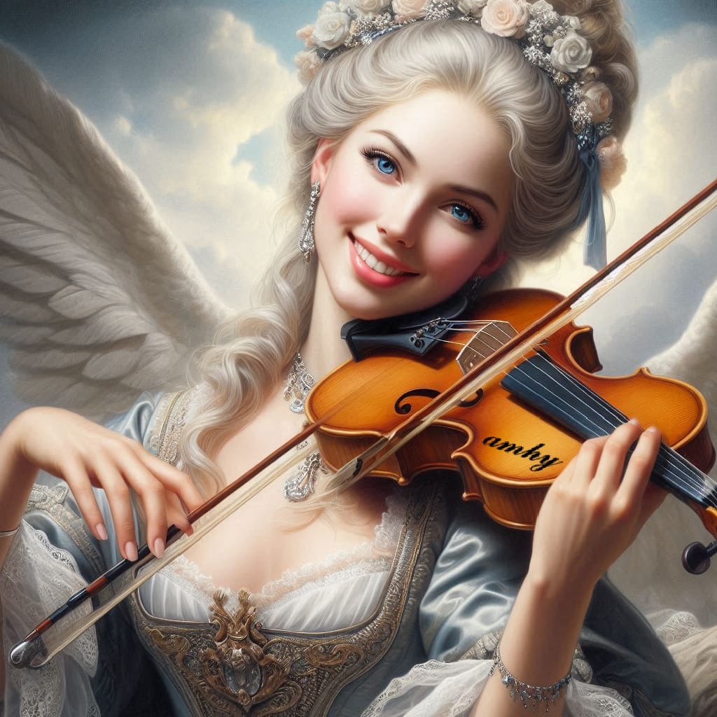 𝓟𝓻𝓸𝓶𝓽 : 
 beautiful white woman happy, playing violin, realistic photography, ba...