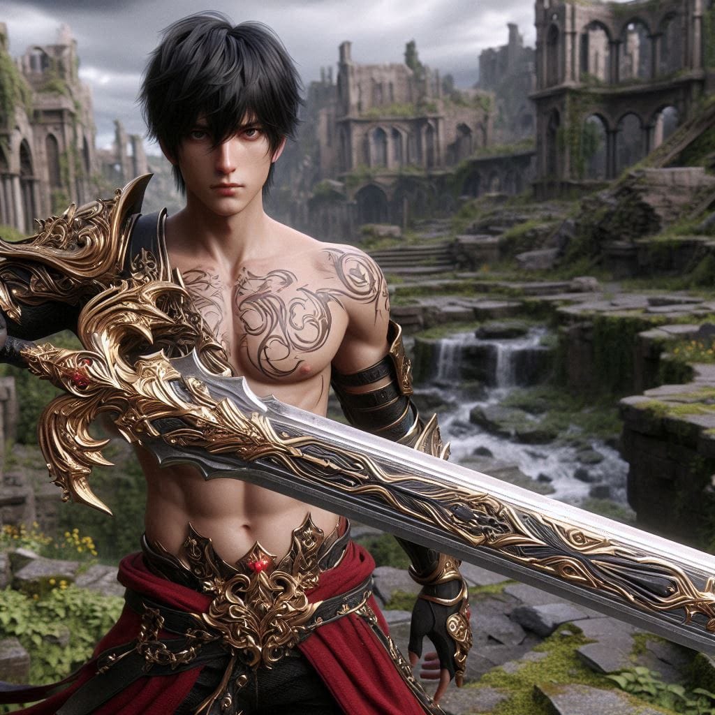 16K, ultra-realistic, very detailed, a young black-haired knight. red and gold c...