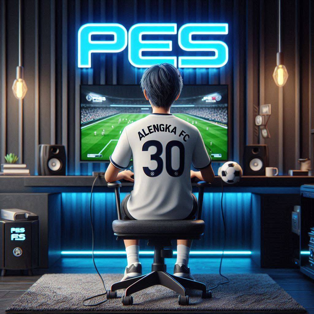 3D image of a 30-year-old boy sitting on a chair in a gaming room, playing PES M...