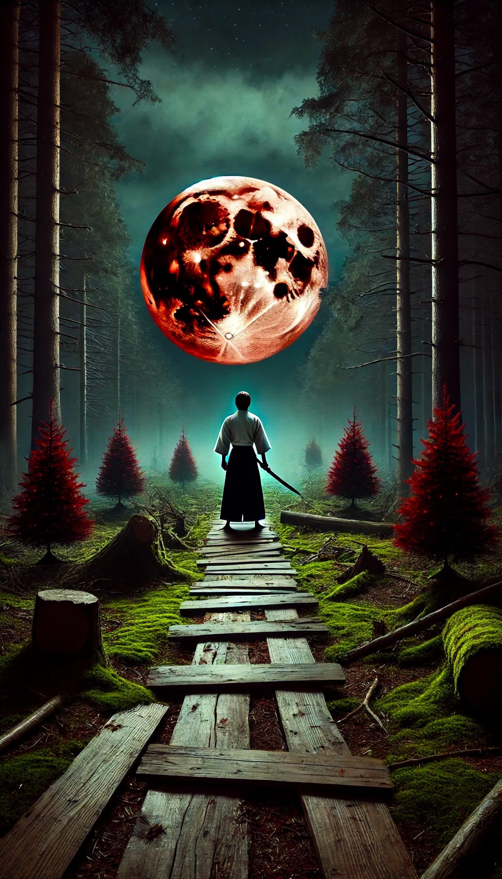 Ai prompt:

A dark, spooky forest scene under a blood-red full moon at midnight....