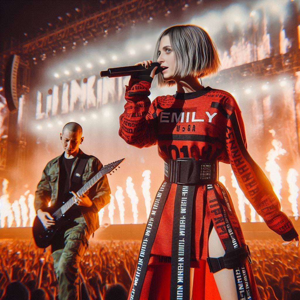 An rocker vocalist girl USA, wearing a long red Black Tape outfit with the name ...