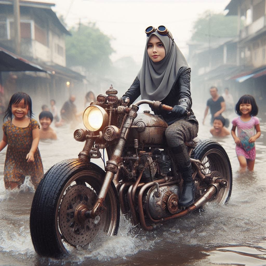 Banjir gaes.. 
 Prompt:
 ヒジャブをかぶった若いイスラム教徒の女性が、冠水した市街地の真ん中でスチームパンク風のバイクに乗り、水遊びに忙...