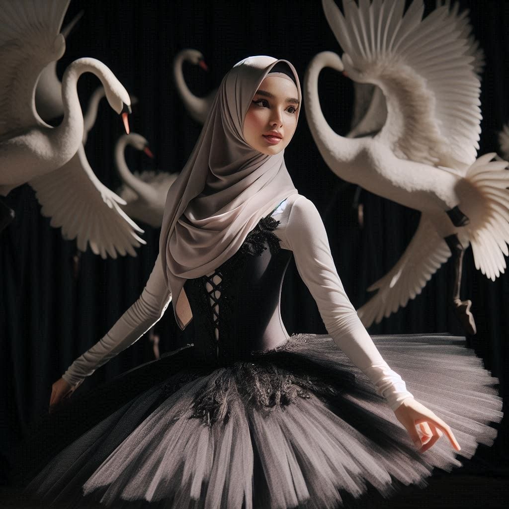 Gambar ultra hd 64K.seorang balerina berhijab dengan pakaian yang sopan sedang m...