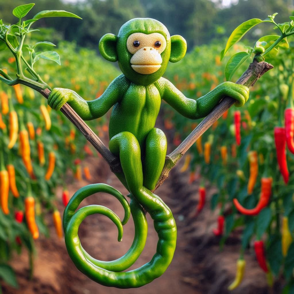 Hehe
 Prompt : 
 a green chili forms a monkey hanging from a branch on a chili p...