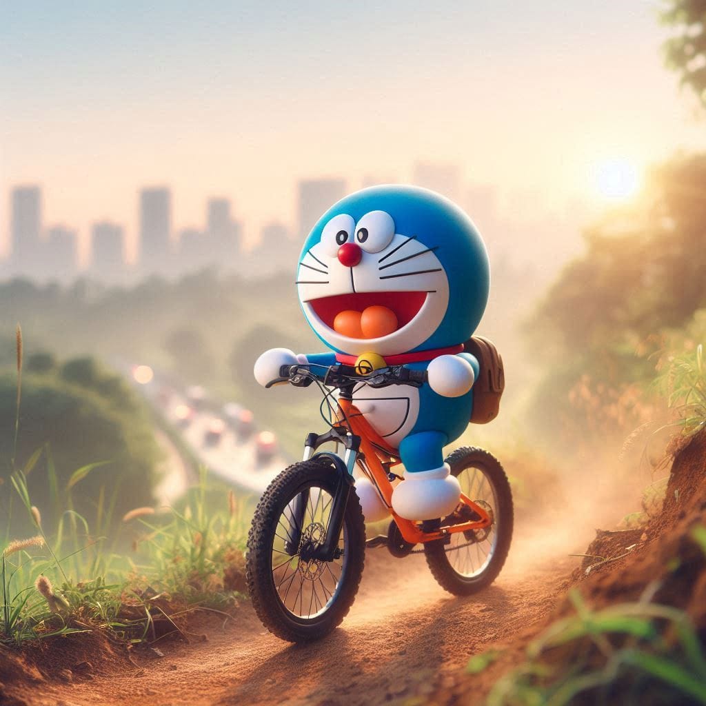 Karakter doraemon yg lembut realistis diposisikan sedang mengendarai sepeda gunu...