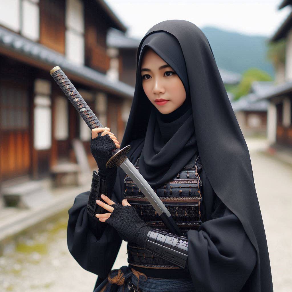 Make a picture of a 23 year old Asian female warrior, wearing a long black Japan...