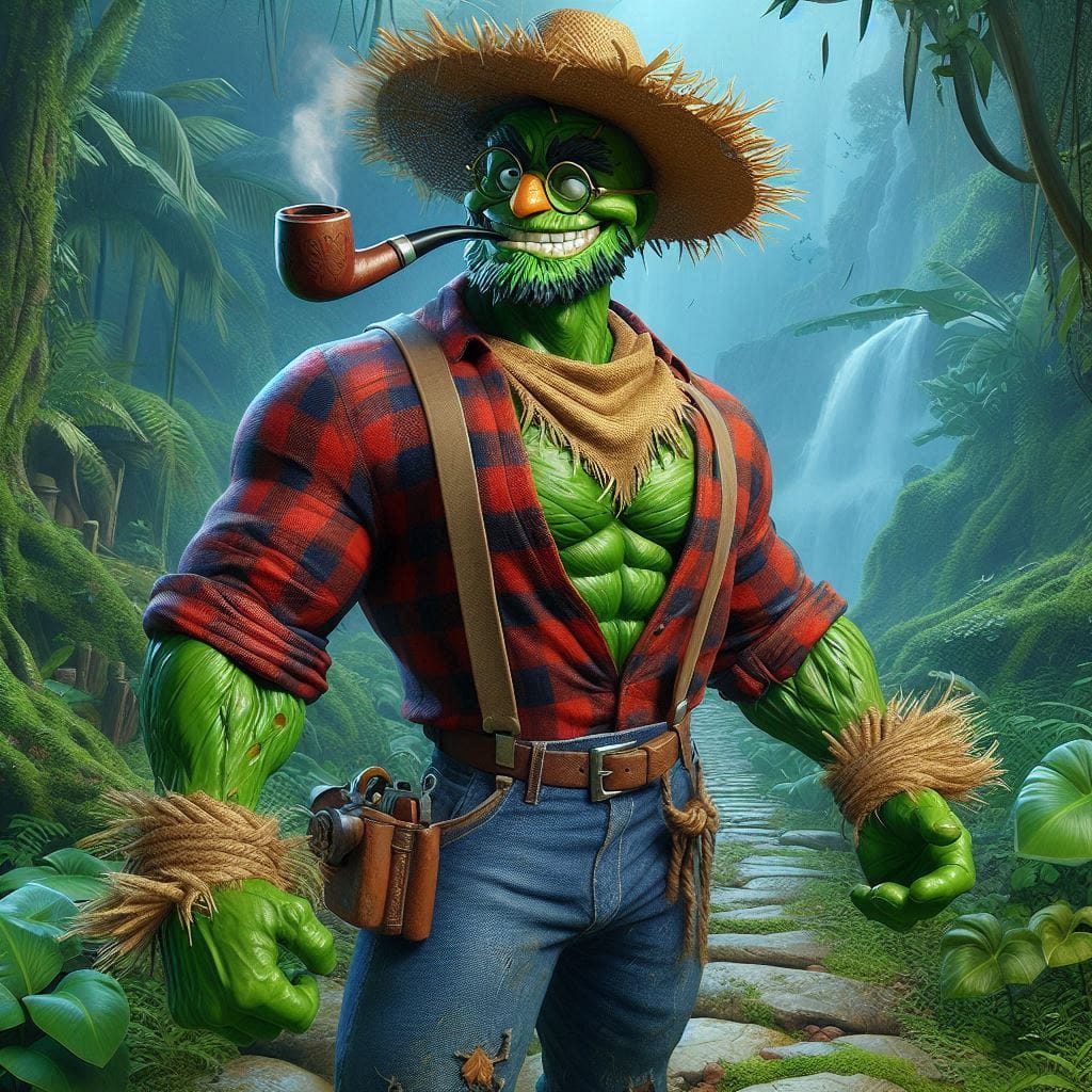 Mejeng di utan... 
 #scarecrow #hulk
 Funny scarecrow karakter at the jungle pla...