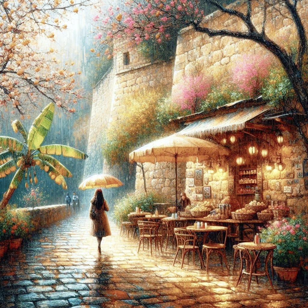 PROMPT: A small cafe located on the ancient city wall on a rainy spring day. The...