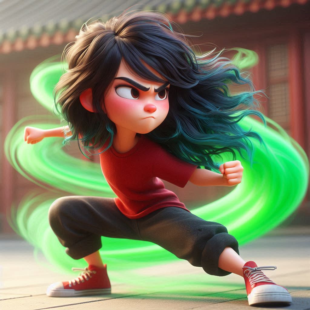 Prompt – A 3D animated 6-year-old girl with long messy dark hair, showing kungfu…