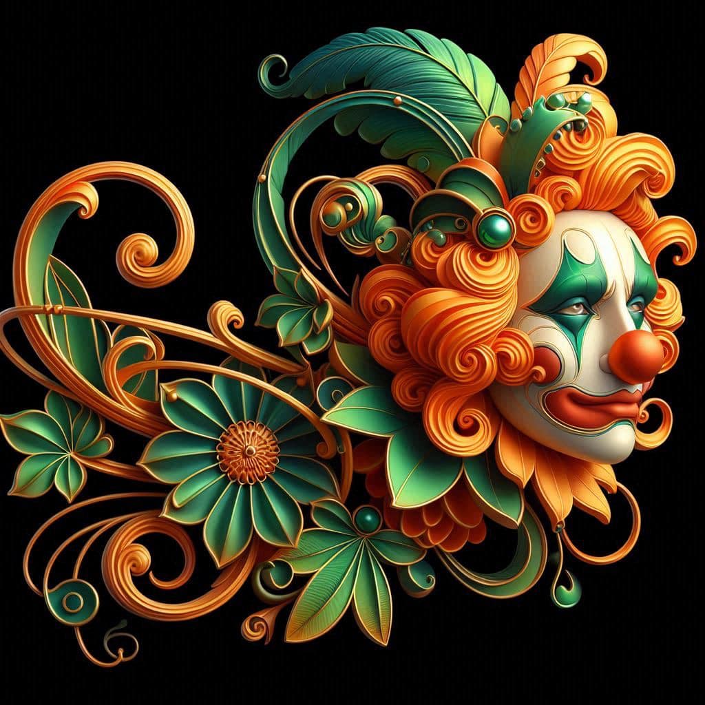 #Prompt: A Circus clown in a 3D art nouveau style. The Circus clown is Orange an...