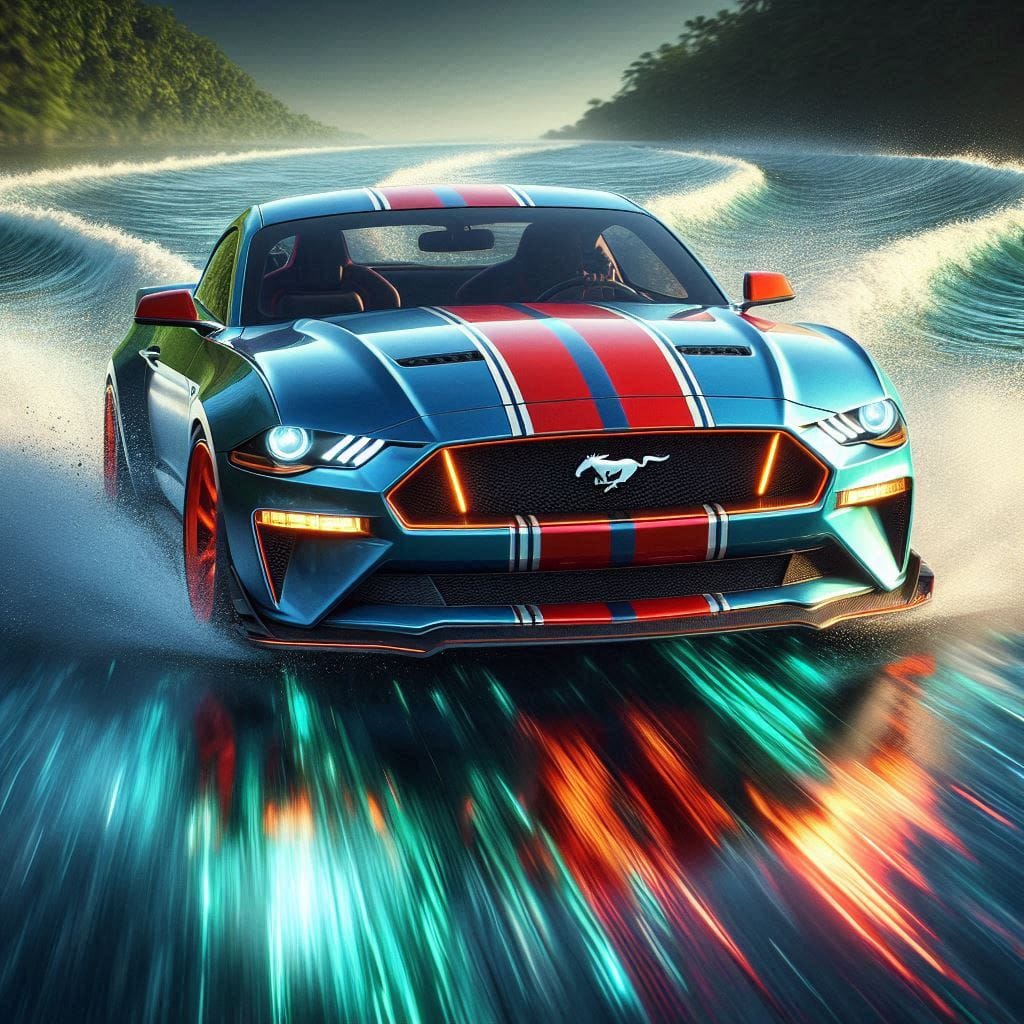 Prompt:
Front view of a Ford Mustang with red, blue, white and green metallic st...