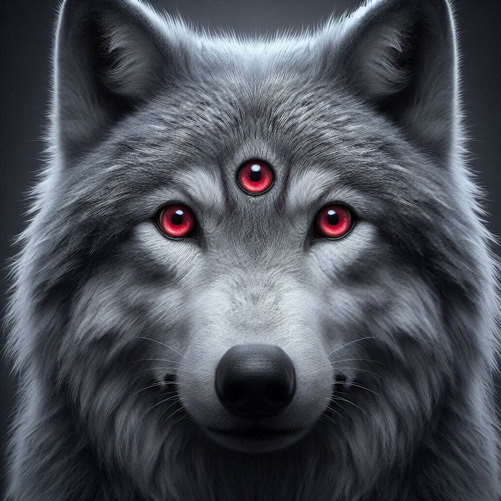 Prompt: Grey wolf with 3 red eyes