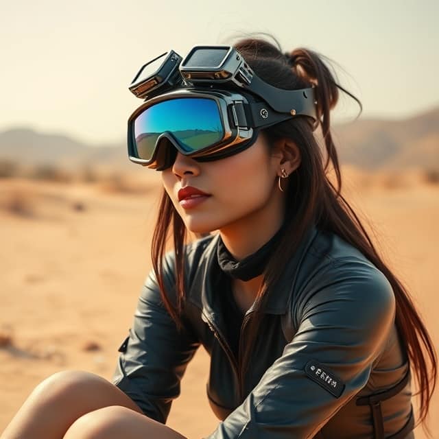 Prompt 
 Indonesian female character wearing goggles while sitting in the desert...