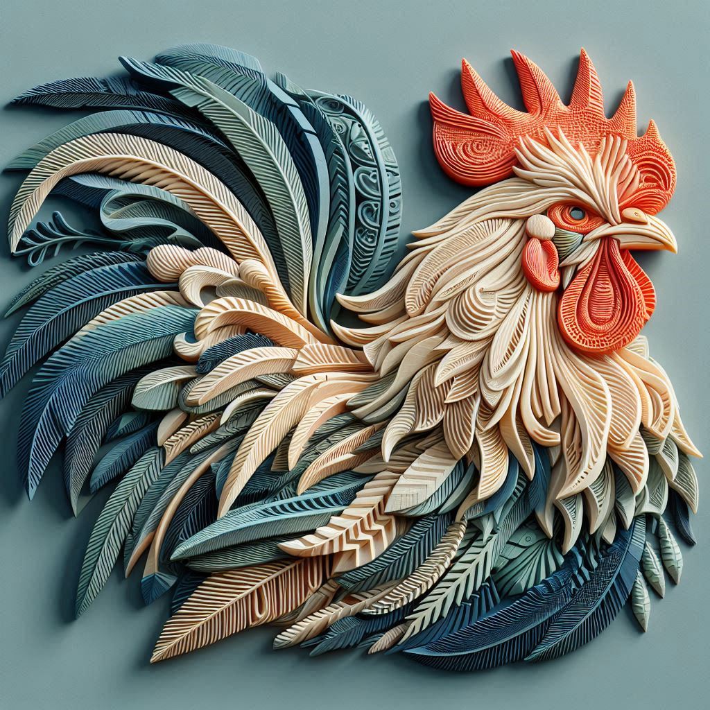 Prompt : Three-dimensional textured chicken relief artwork, all in color, with i...