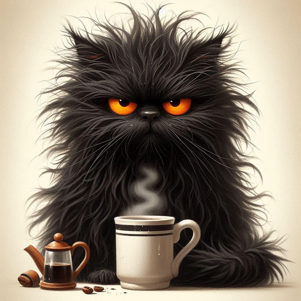 Prompt: a grumpy black cat with wild, messy fur, sitting and holding a steaming ...