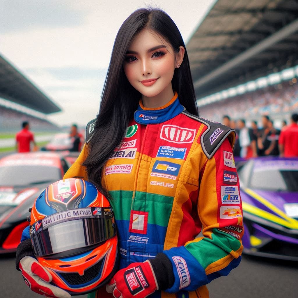 Prompt 

seorang gadis cantik asal Indonesia, berdiri di tengah arena balapan mo...