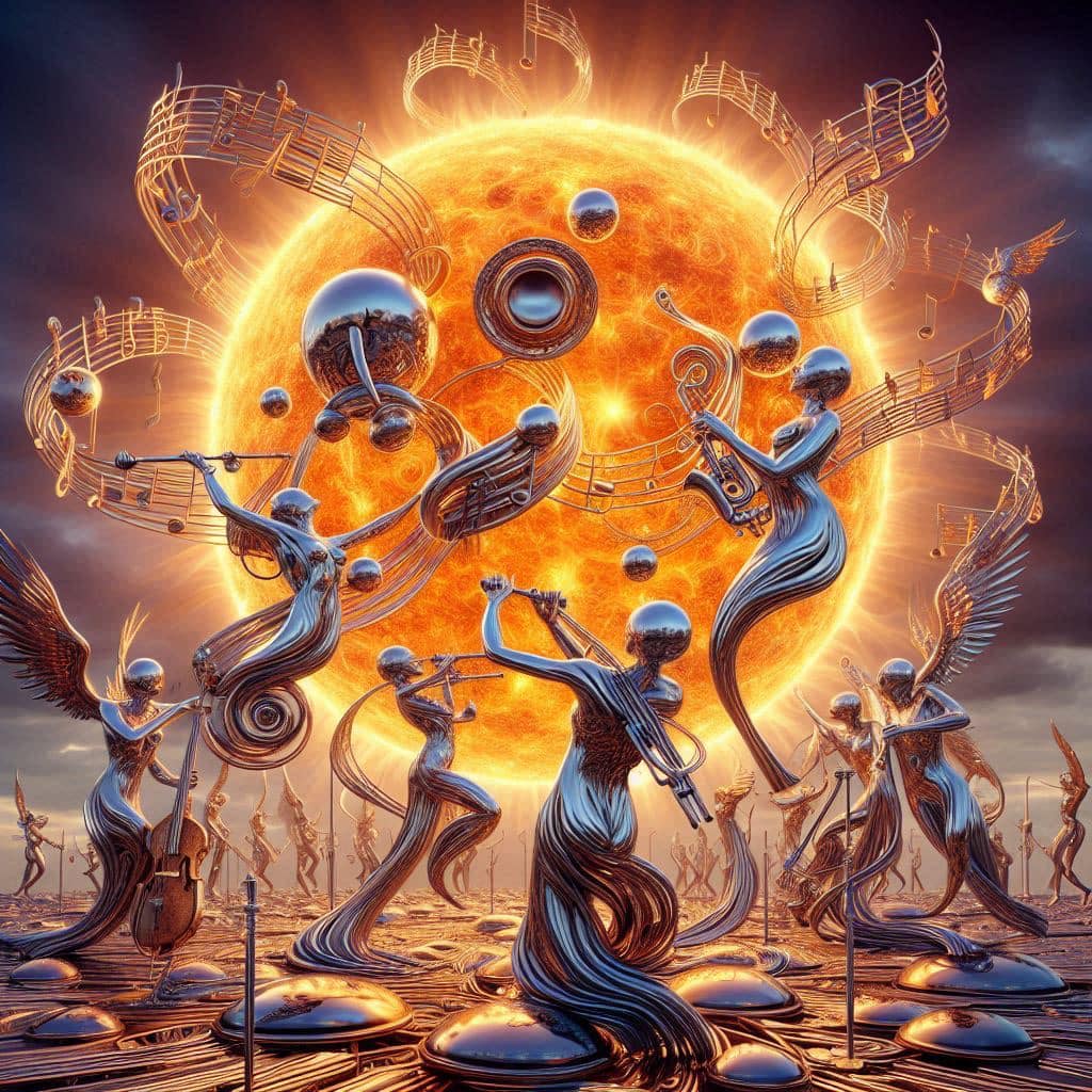 Prompt: sun dancing between music instruments played from sun fairies, metall ch...