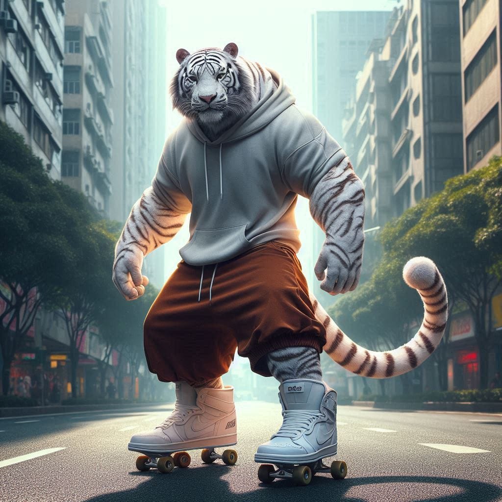 Promt :

A cinematic medium shot of a colossal white tiger warrior standing tall...