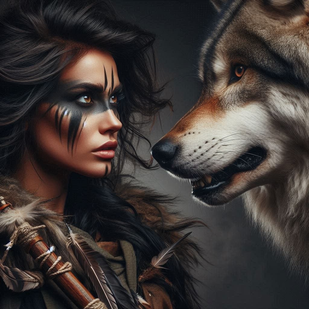 Promt : 

A photo of a fierce woman and a powerful wolf facing each other in a t...