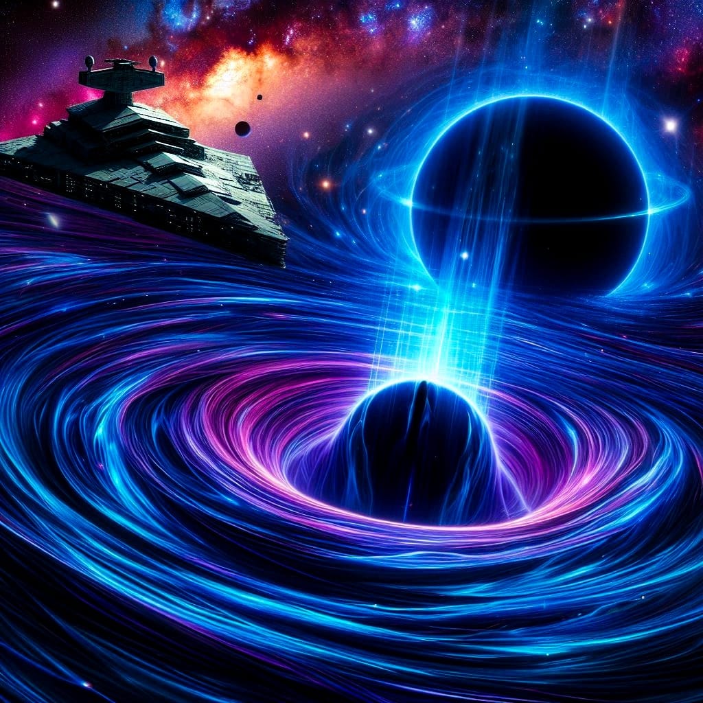 "Visualize a deep space vortex, where vibrant waves of blue and purple energy ri...