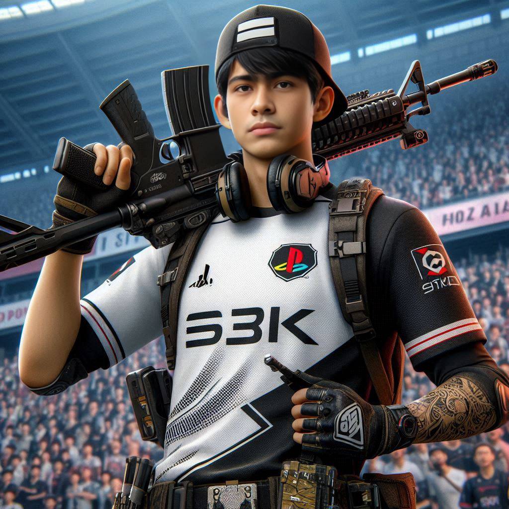 a 23 year old Asian man with a gaming theme, wearing a white and black jersey wi...