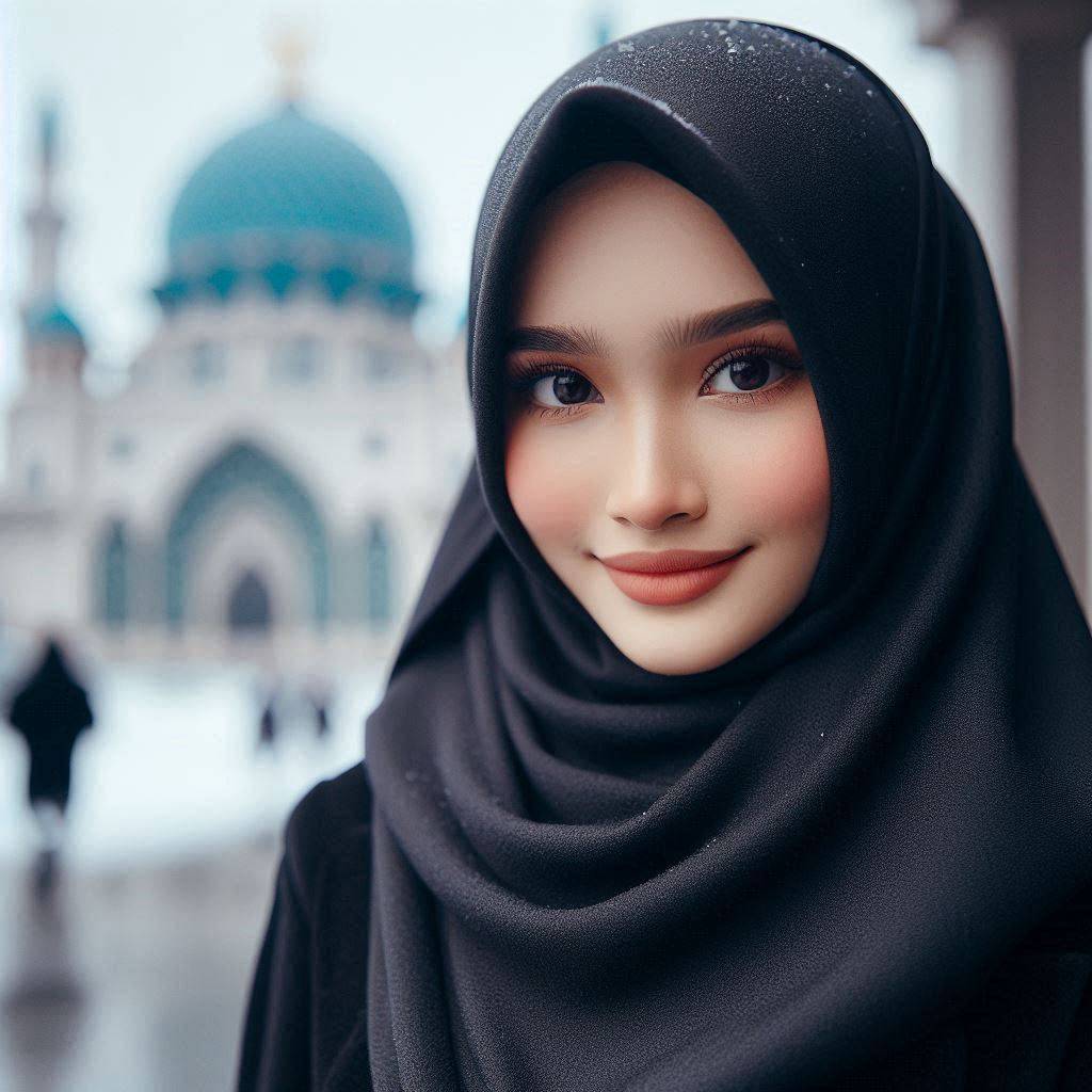 a 23-year-old hijab-wearing Malaysian girl, looking forward to walking in the sn...