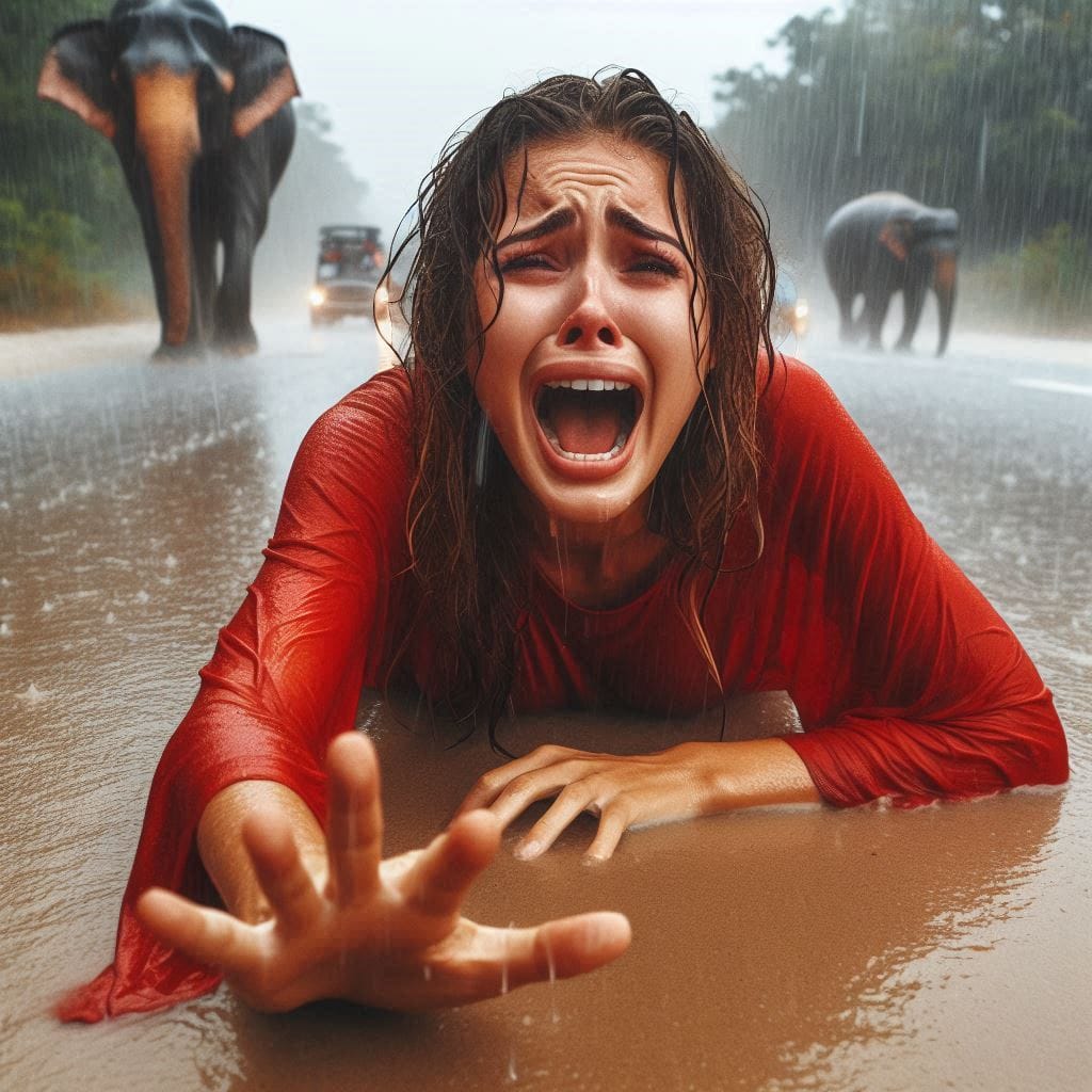 a woman crying yelling wet heavy rain redshirt longskirt laying chin very close ...