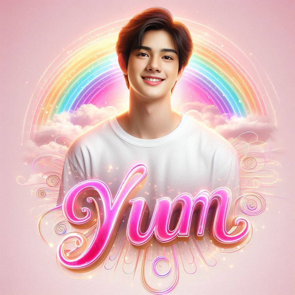 beautiful thai 20-year-old boy,wearing white T-shirt, smiling and the name "yum"...