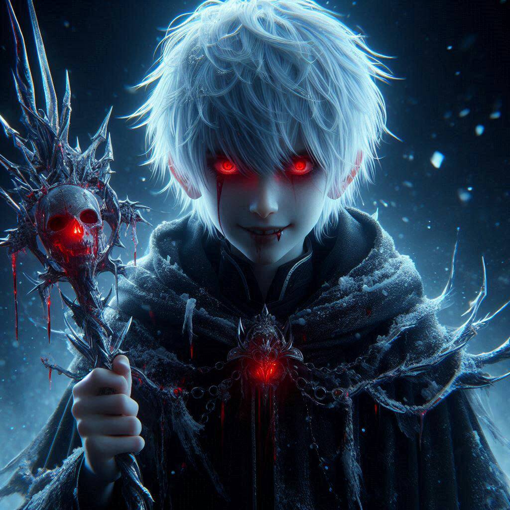 boy, fiery red eyes, white hair, sharp eyes, bloody eyes, evil aura, threatening...