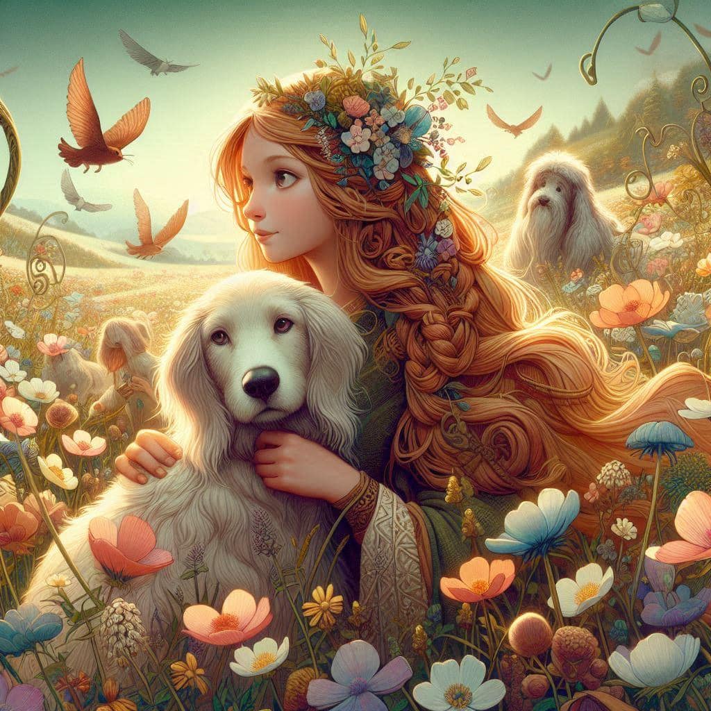 create an an illustration of a woman with long hair and a dog in a field of flow...