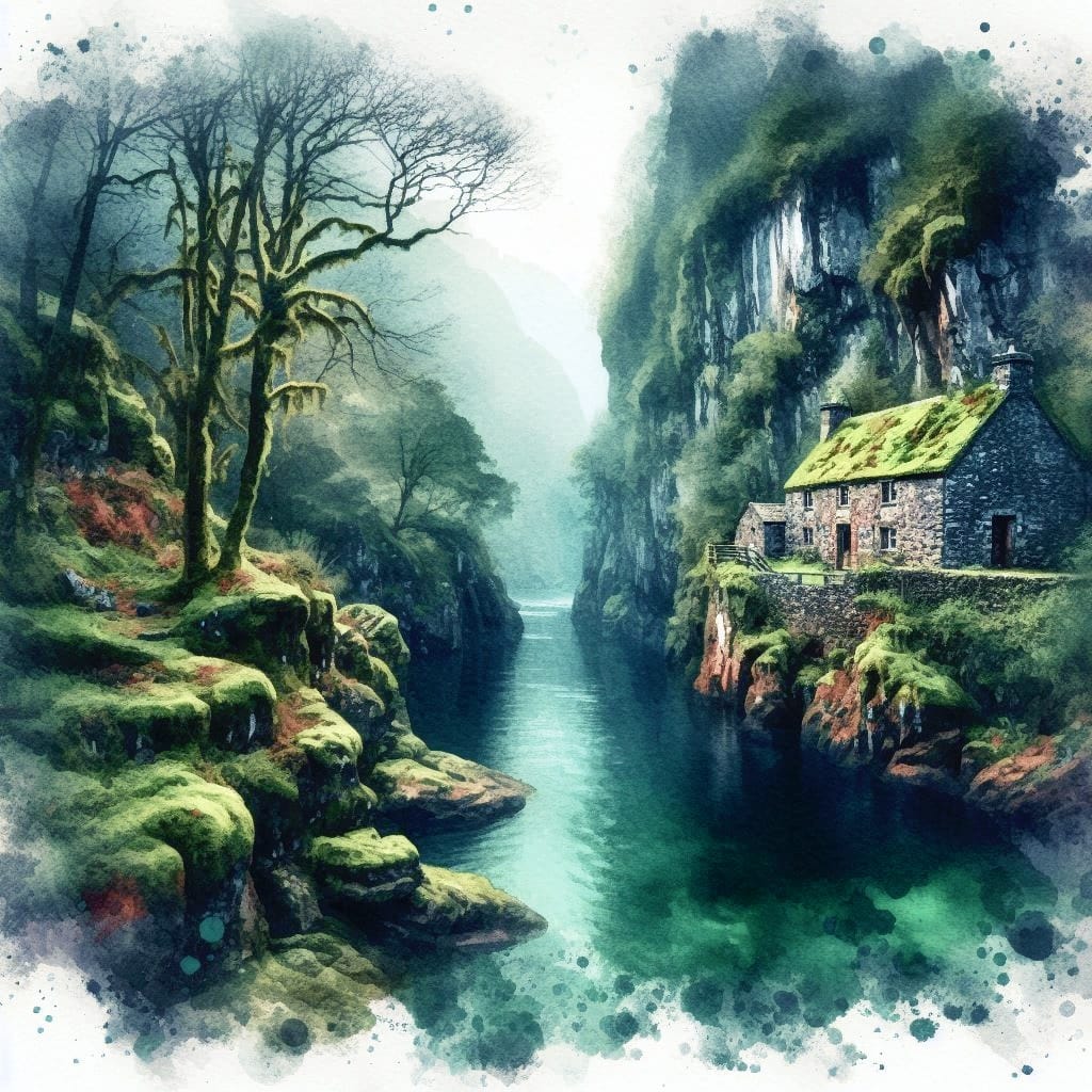 "depict in oil painting style,A mystical old stone house is surrounded by toweri...