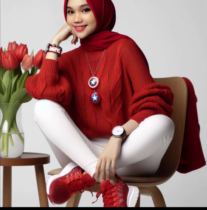 foto seorang wanita cantik Indonesia pakai jilbab merah,baju blus merah rajut  ,...