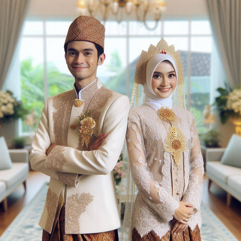 photo of a 25 year old man and woman wearing traditional Indonesian wedding clot...