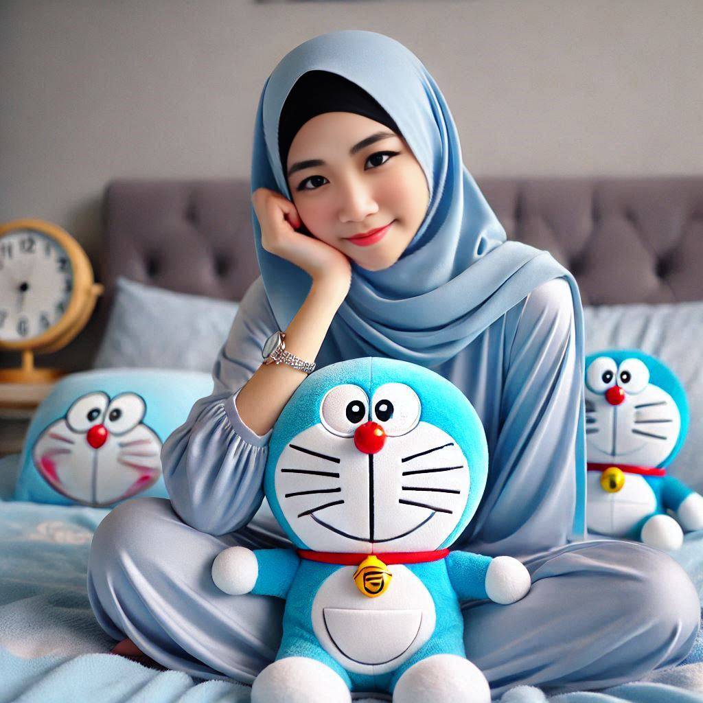 A beautiful 25 year old woman sits on a light blue Doraemon bed wearing a light ...