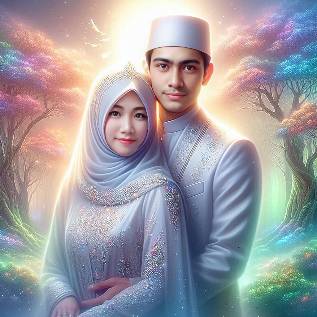 Beautiful painting of an Indonesian Muslim couple, close up, husband and wife, 2...