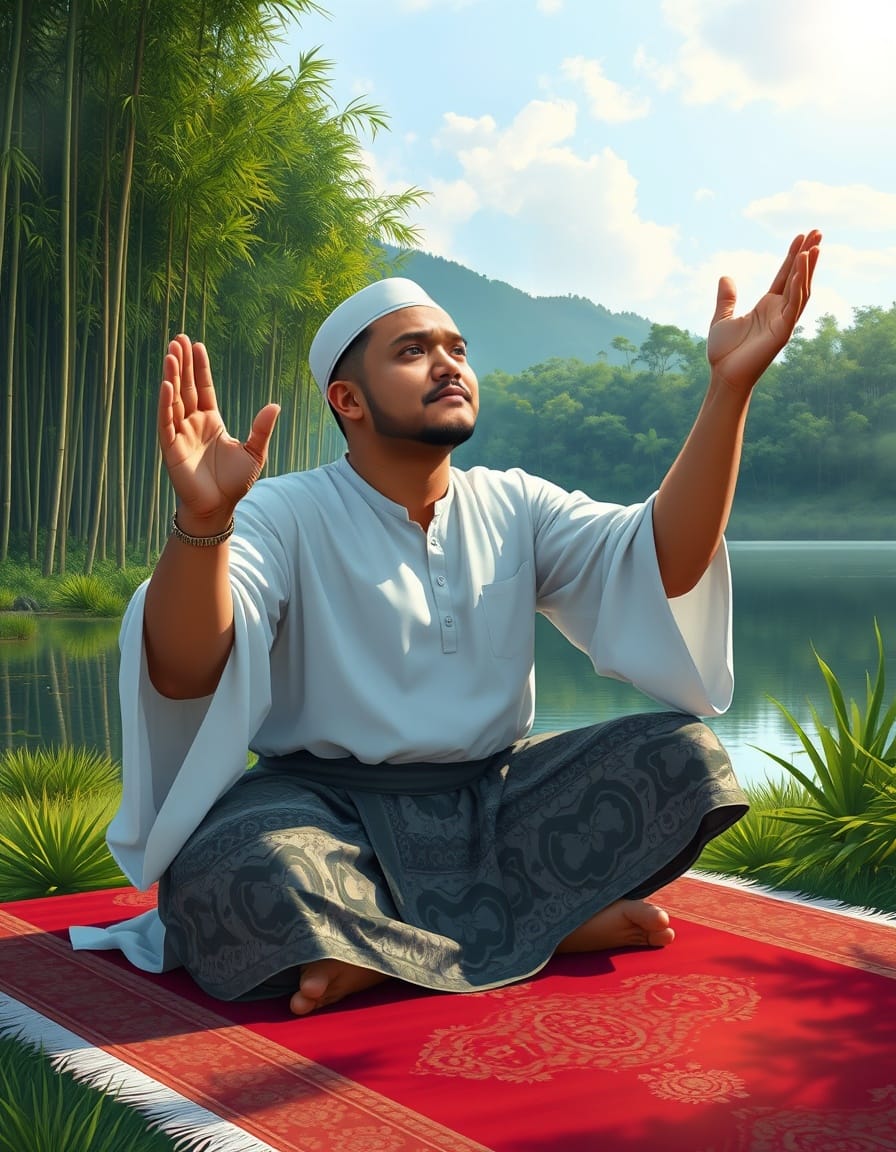 Create a old man indonesian with a overly muscular body, on a prayer mat and pra...