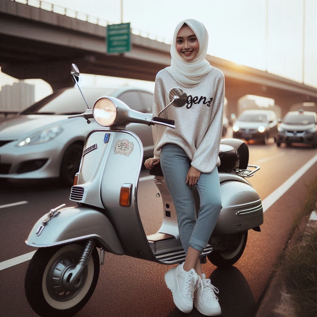 Dapat prompt dari grup ini hanya diganti sedikit
 vespa  and a woman wearing a w...