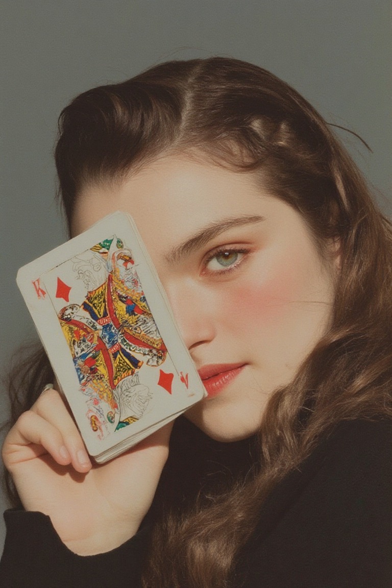 Poker face
a woman with straight black hair, holding a king of spades playing ca...